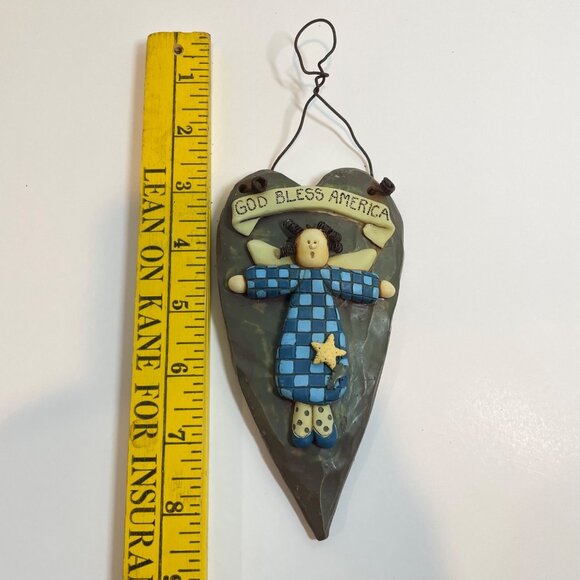 God Bless America Heart-Shaped Hanging Plaque with Angel Design 8" Tall - Picture 5 of 6